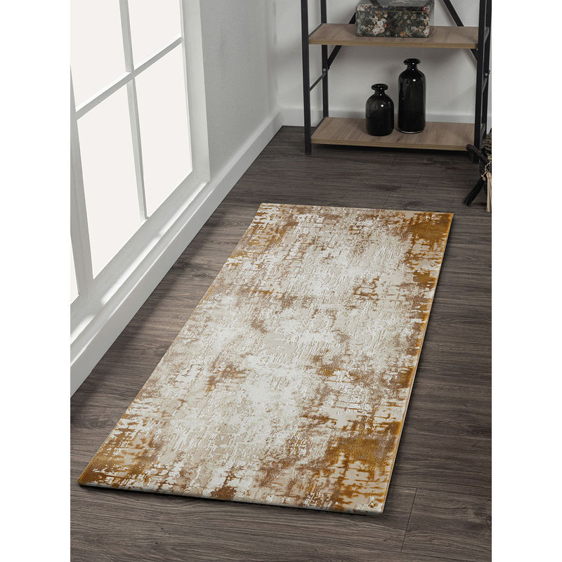 OBSESSIONS Seher Abstract Bedside Runner Beige Gold (5 x 2 Feet)