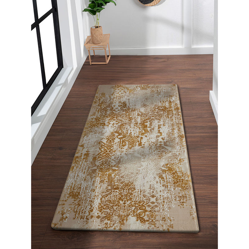 OBSESSIONS Seher Abstract Bedside Runner Beige Gold (5x3 feet)
