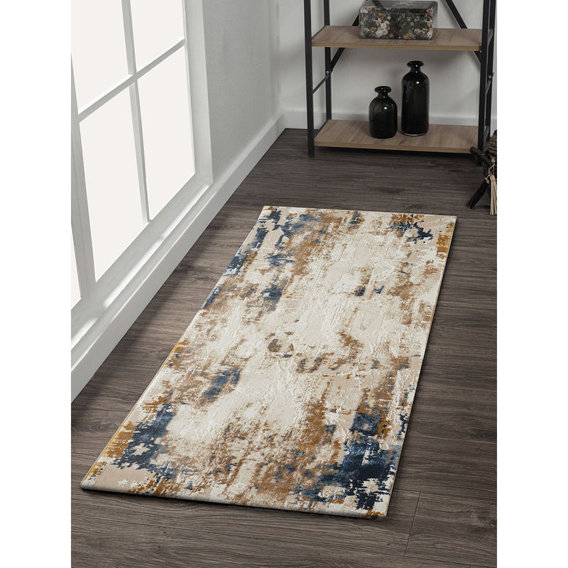 OBSESSIONS Seher Abstract Bedside Runner Beige Navy (5x3 feet)