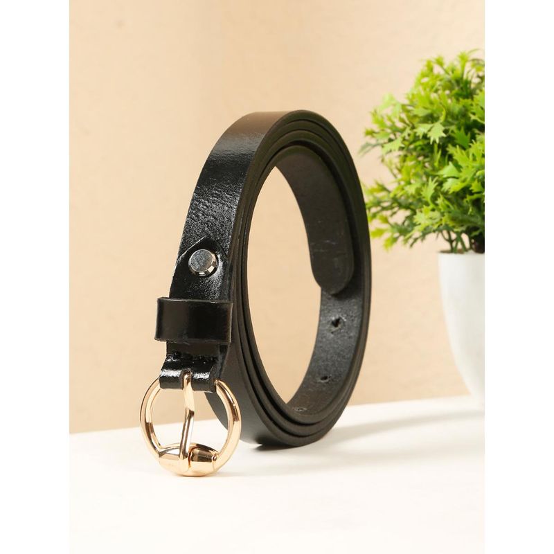 Teakwood Womens 15Mm Black Leather Belt with Gold Round Buckle (28)