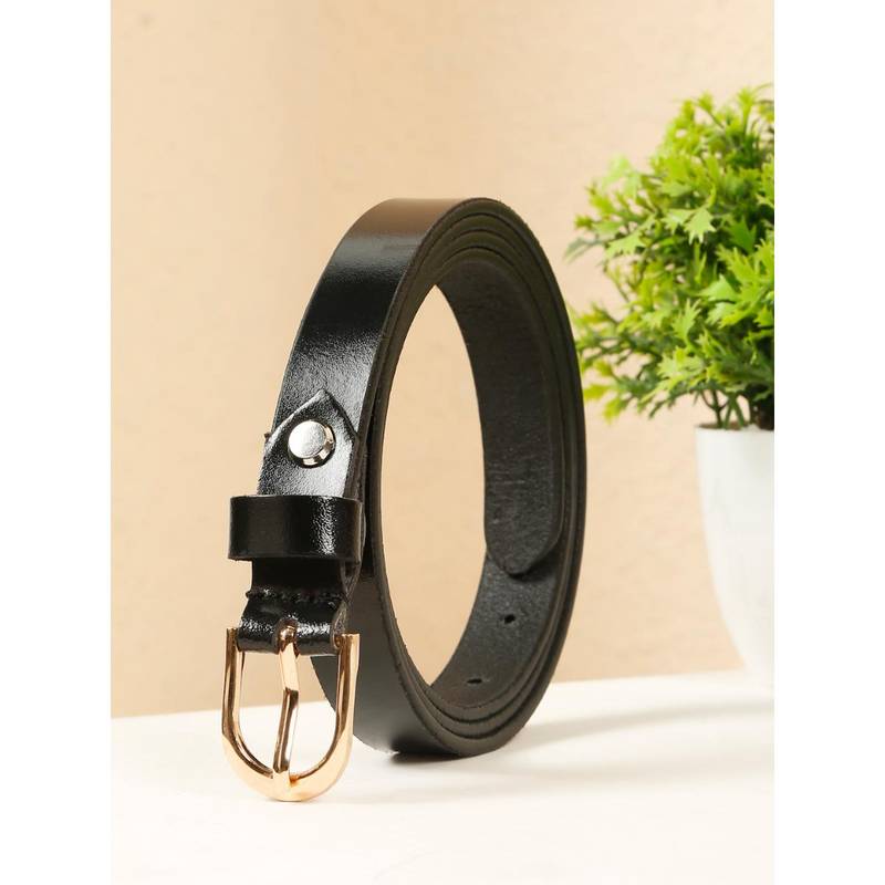 Teakwood Womens Black Leather Belt with Golden Buckle (28)