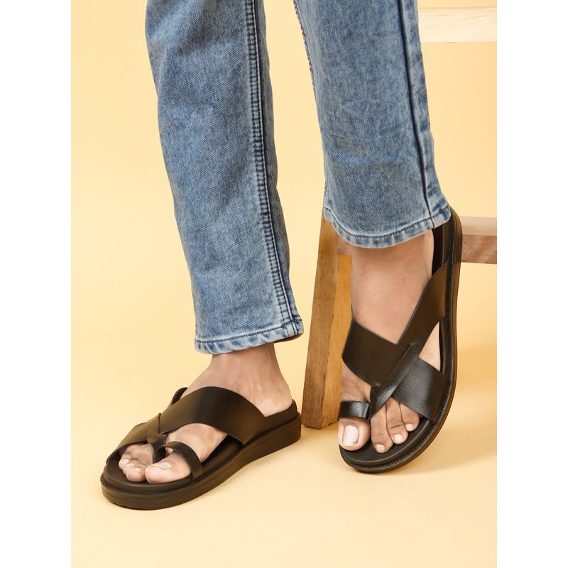 Teakwood Men Black Leather Toe Loop Sandals (EURO 43)