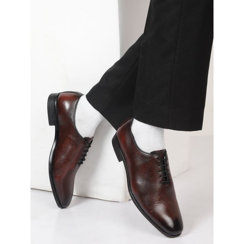 Teakwood Men Burgundy Two-Tone Texture Leather Oxfords (EURO 44)