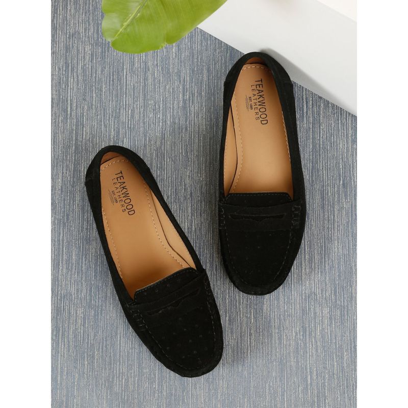 Teakwood Women Black Suede Leather Slip-On Loafers (EURO 36)