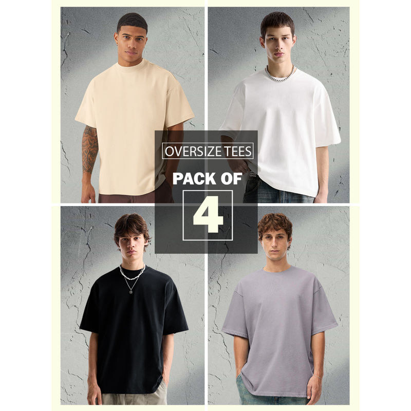 PRONK Multi-Color Solid Oversized Men T-Shirt Combo (Pack of 4) (M)