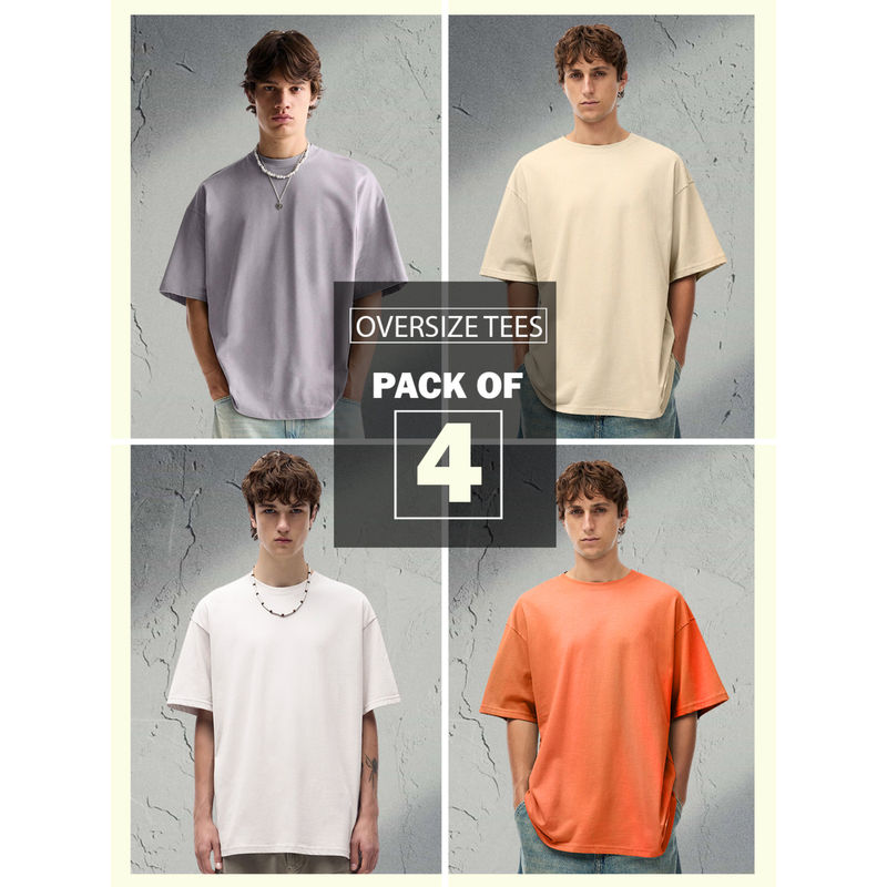 PRONK Multi-Color Solid Oversized Men T-Shirt Combo (Pack of 4) (L)