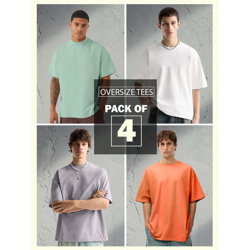 PRONK Multi-Color Solid Oversized Men T-Shirt Combo (Pack of 4) (XS)
