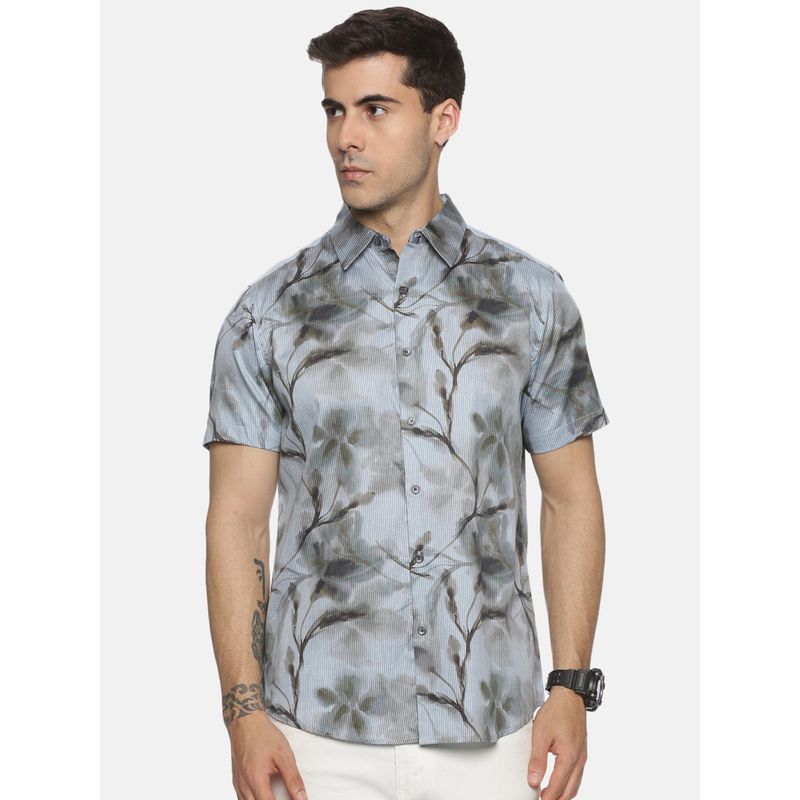 MELVIN JONES Powder Blue Leaf Printed Shirt (XS)