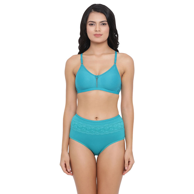 Clovia Cotton Non-Padded Non-Wired Full Cup Bra & High Waist Hipster Panty - Green (34C)