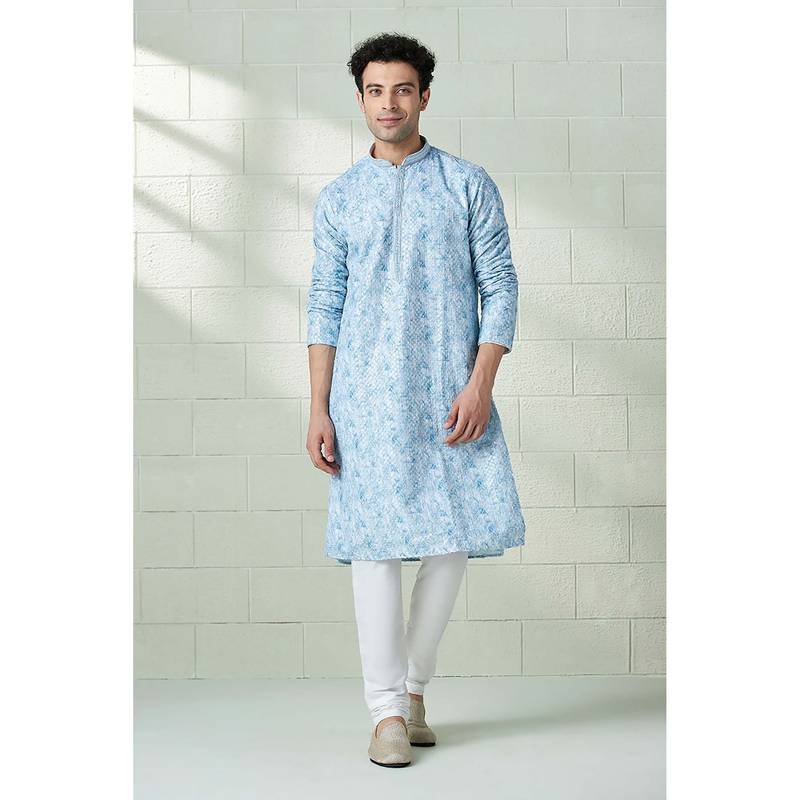 Twamev Men Blue Embroidered Kurta with Churidar (Set of 2) (S)