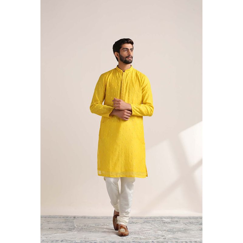 Twamev Men Yellow Embroidered Kurta with Churidar (Set of 2) (M)