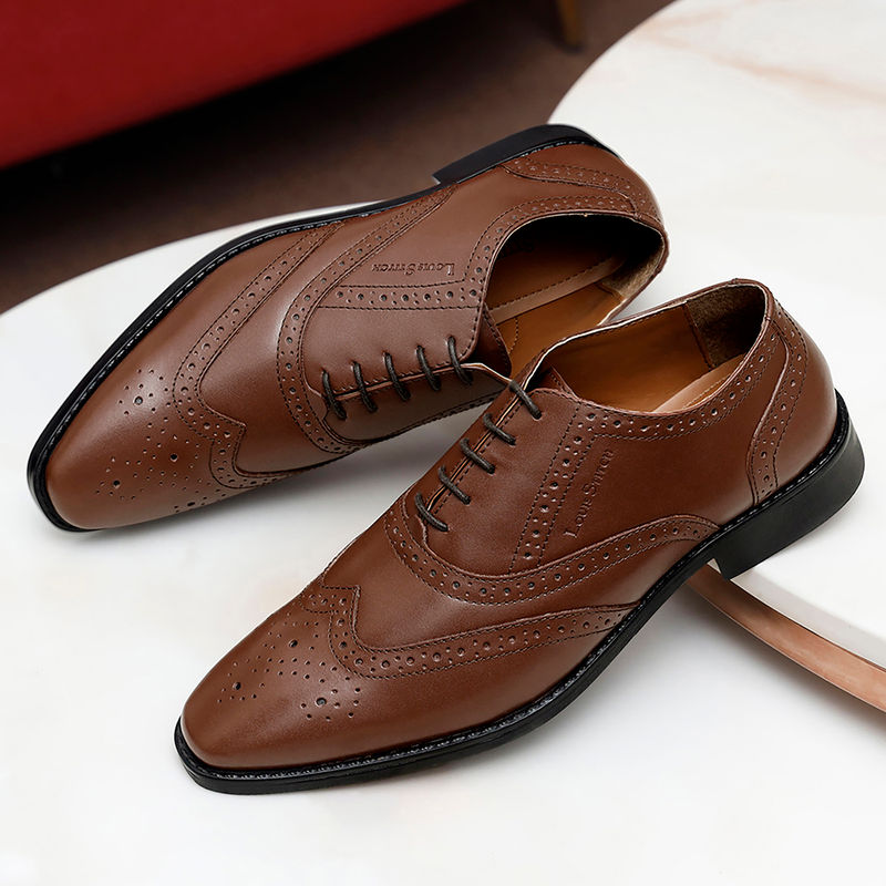 Louis Stitch Men Tan Premium Italian Leather Formal Brogue Shoes (UK 6)