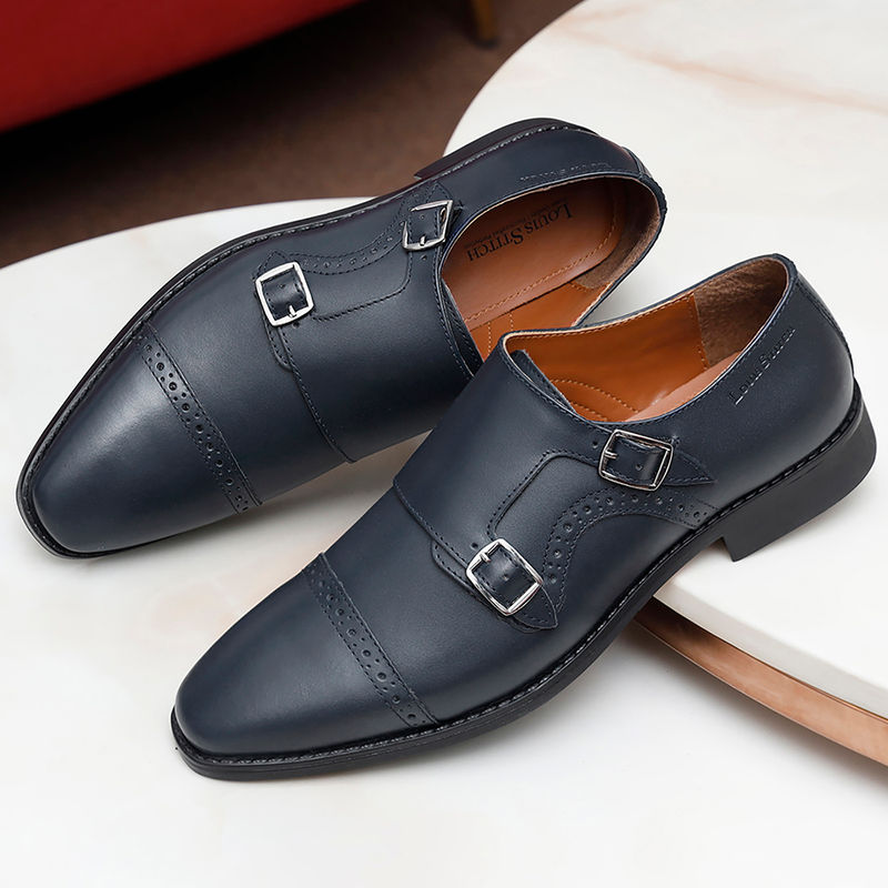 Louis Stitch Men Federal Blue Premium Italian Leather Formal Monk Shoes (UK 6)