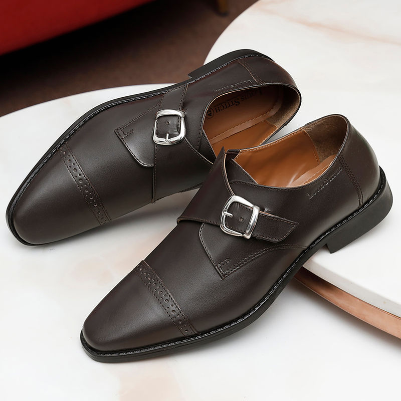 Louis Stitch Men Brunette Brown Premium Italian Leather Formal Monk Shoes (UK 8)