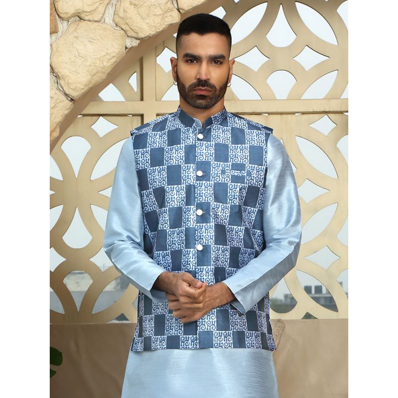 Kraft India Men Blue Printed Nehru Jacket (S)