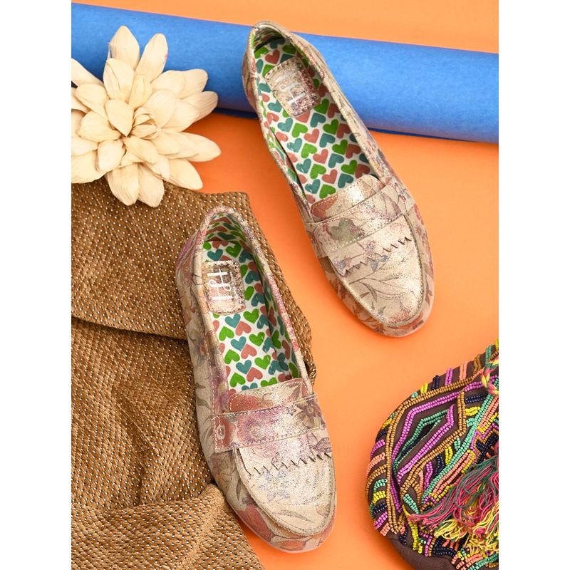 Hydes N Hues Gold Floral Loafers For Women (EURO 41)