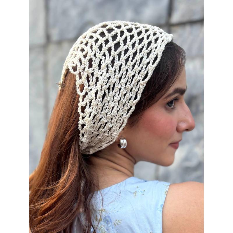 Hair Drama Co. Off White Bohemian Crochet Headscarf with Celestial Charms (S)