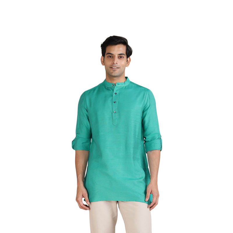 Fabindia Teal Viscose Blend Slim Fit Short Kurta (2XL)