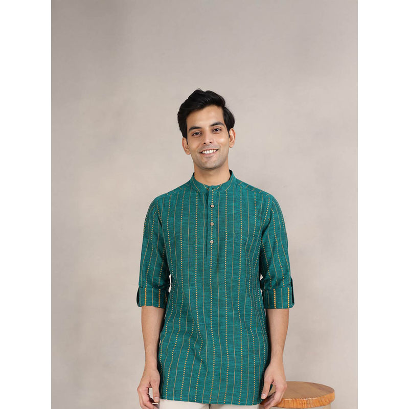 Fabindia Green Cotton Dobby Slim Fit Short Kurta (M)
