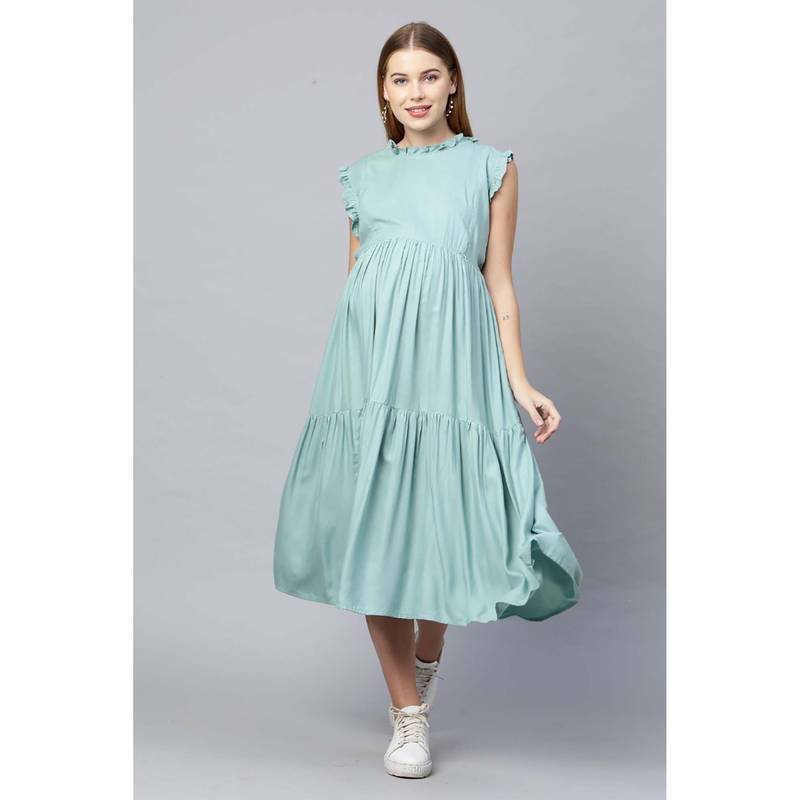 MomToBe Womens Sea Green Maternity Midi Nursing Dress (L)