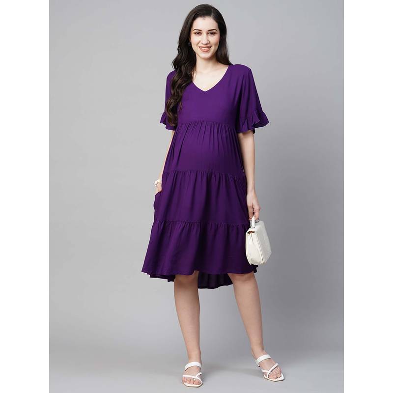 MomToBe Bell Sleeves Maternity Purple Tiered Dress (L)