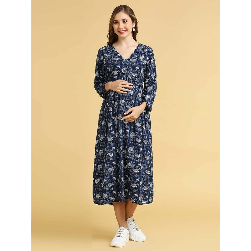 MomToBe Floral Printed Maternity Midi Nursing Dress (L)