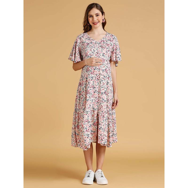MomToBe Flared Sleeves Floral Print Maternity Dress (XL)