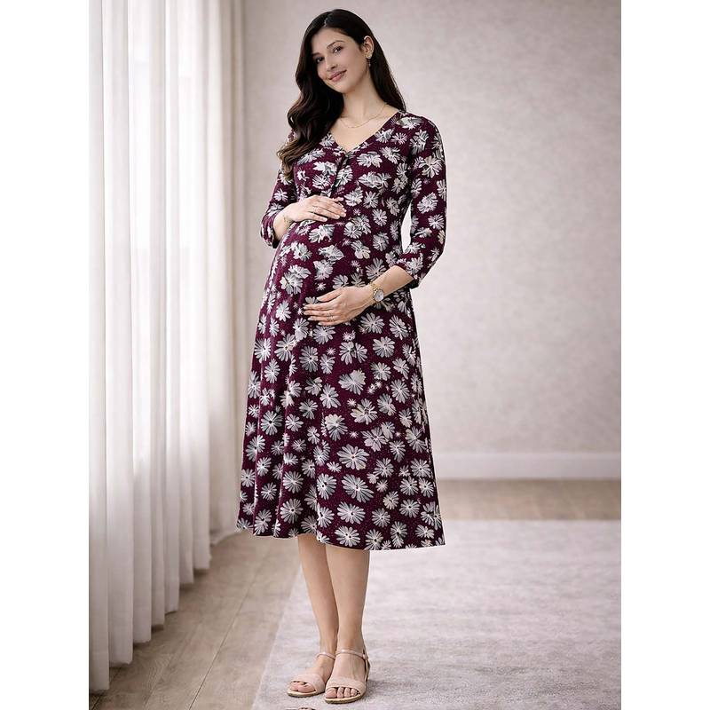 MomToBe Leafy Botaical Print Maternity Midi Dress (L)
