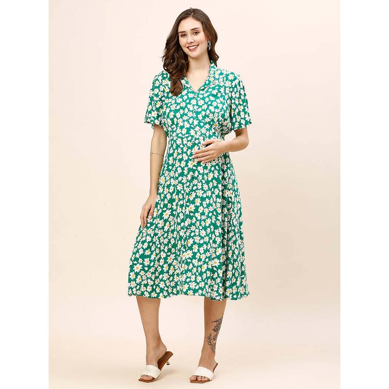 MomToBe Floral Printed Shirt Collar Maternity Midi Dress (L)