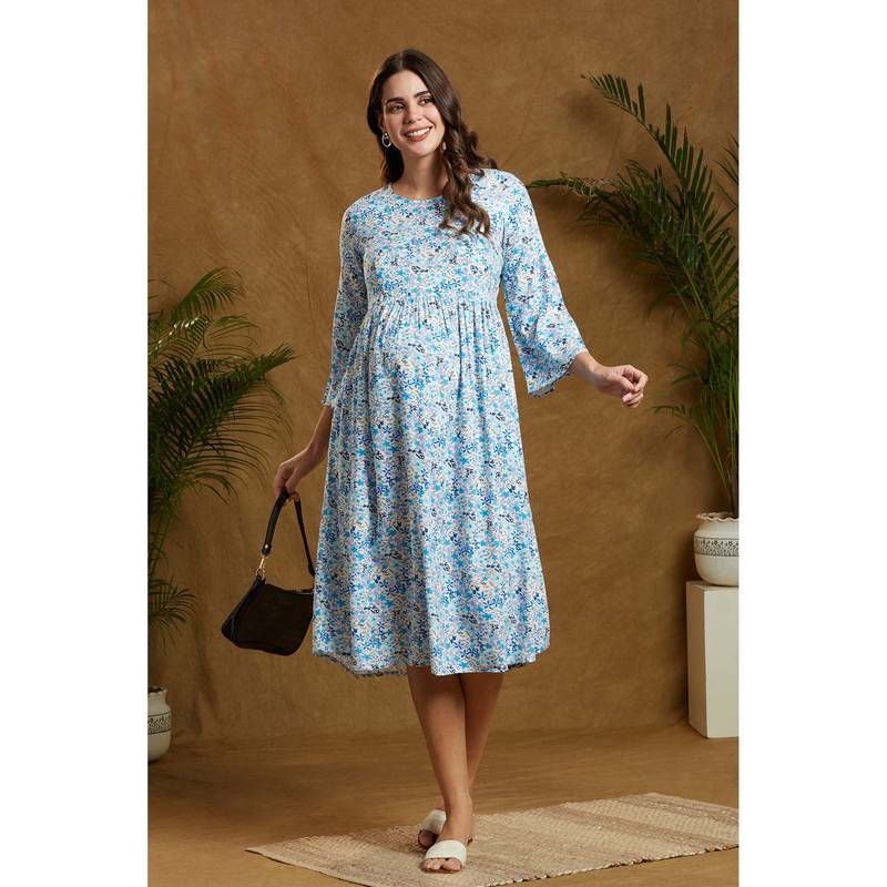 MomToBe Floral Print Flared Sleeve Maternity Flared Midi Dress (L)