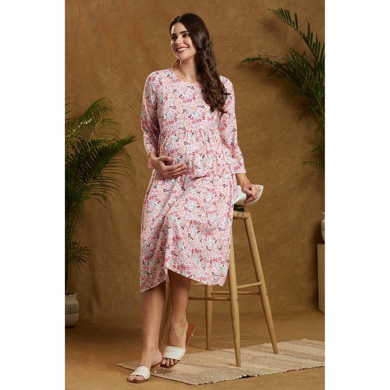 MomToBe Floral Print Flared Sleeve Maternity Flared Midi Dress (M)