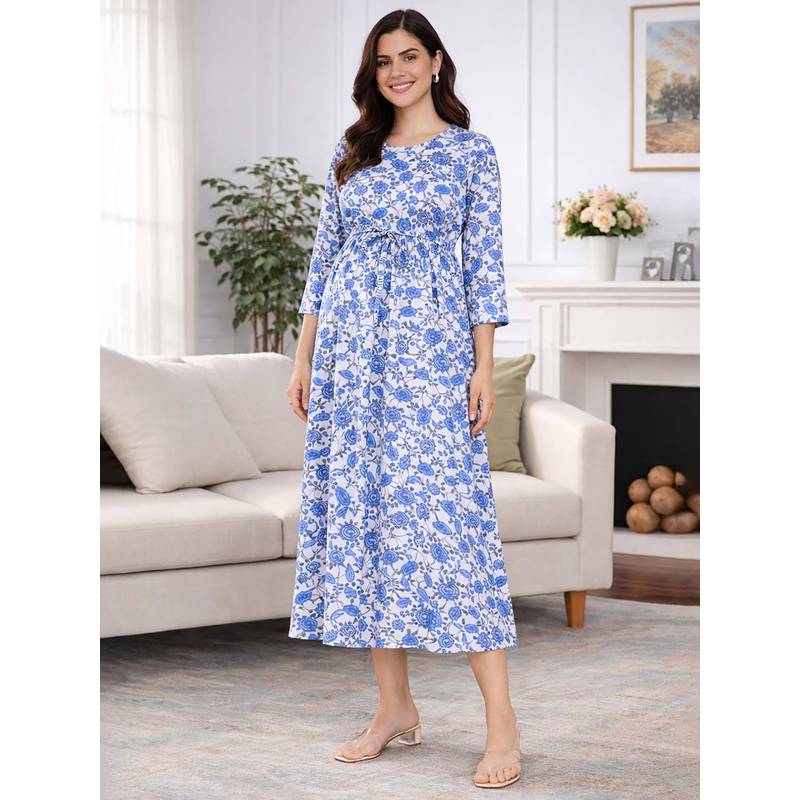 MomToBe Saphire Blue Floral Print Maternity Maxi Dress (XL)