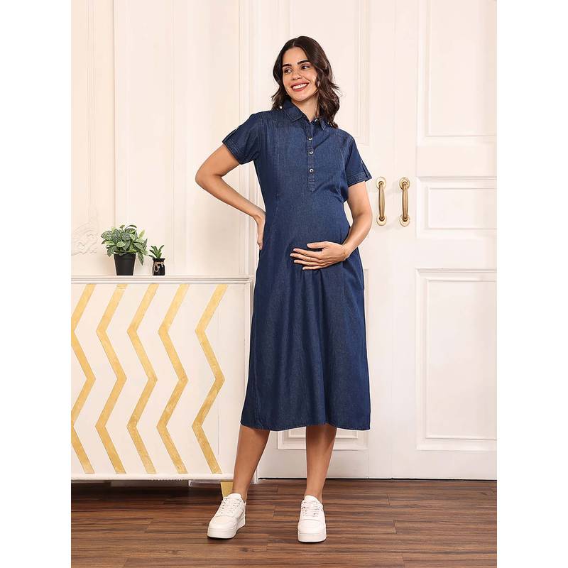 MomToBe Women Cotton Maternity Denim A-Line Dress (M)