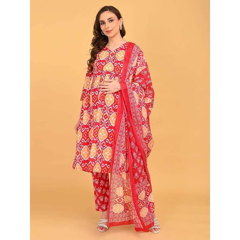 The Mom Store Magenta Atelier Maternity And Nursing Kurta & Pant With Dupatta (Set of 3) (S)