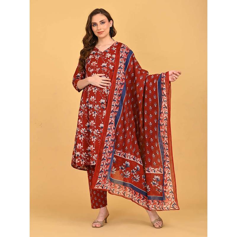 The Mom Store Ruhani Maternity And Nursing Kurta & Pant With Dupatta (Set of 3) (S)