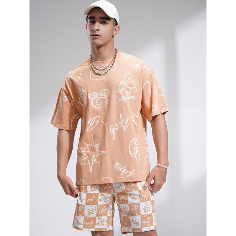 HIGHLANDER Men Peach Round Neck Oversized T-shirt With Loose Fit Shorts (Set of 2) (XS)