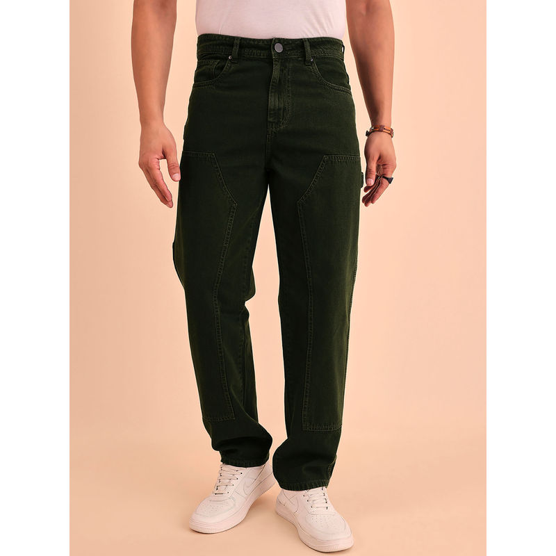 Style Quotient Men Olive Relaxed Fit Mid Rise Carpenter Jeans (30)