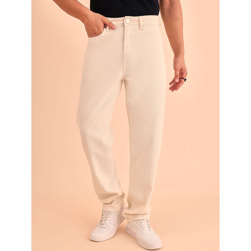 Style Quotient Men Off White Solid Relaxed Fit Mid Rise Cotton Jeans (34)