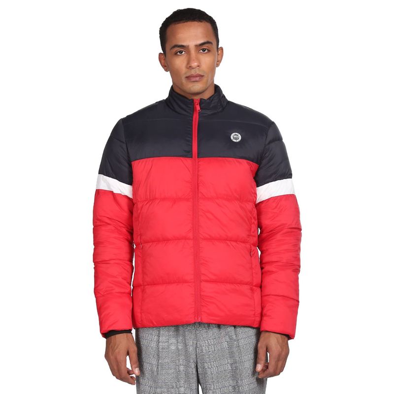 U.S. POLO ASSN. Men Navy And Red High Neck Colour Block Jacket (L)