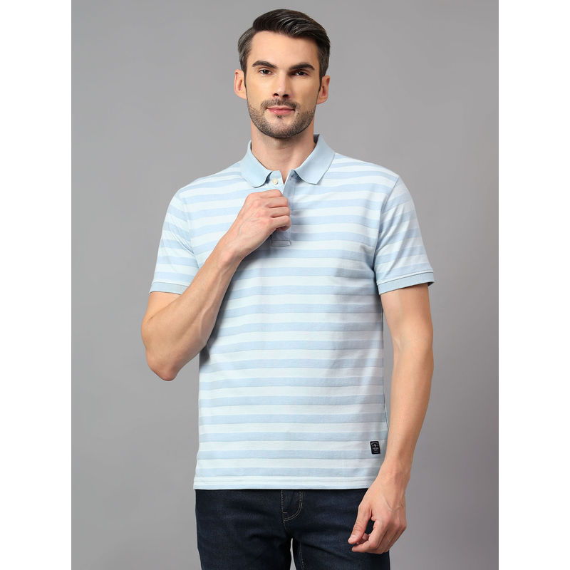 Cantabil Men Sky Blue Striped Collar Neck Half Sleeve Polo T-Shirt (XL)