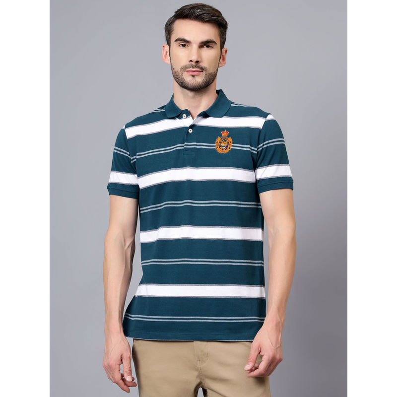 Cantabil Men Teal Blue Striped Collar Neck Half Sleeve Polo T-Shirt (M)