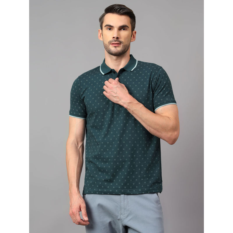 Cantabil Men Teal Blue Micro Printed Collar Neck Half Sleeve Polo T-Shirt (M)