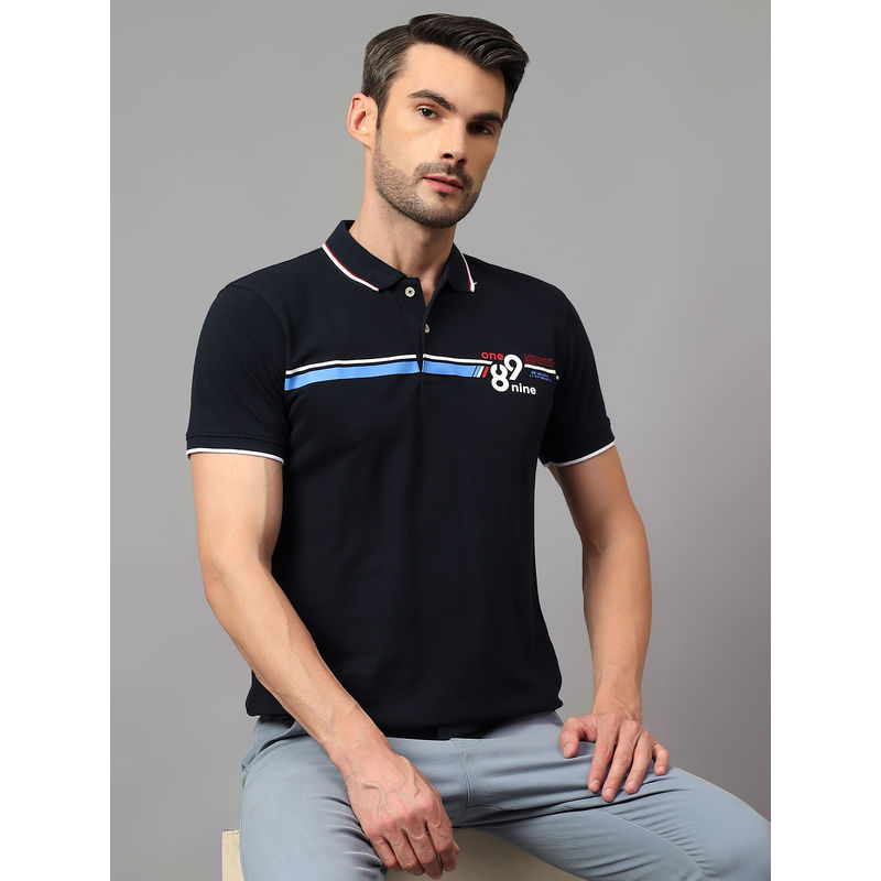 Cantabil Men Navy Blue Printed Collar Neck Half Sleeve Polo T-Shirt (M)