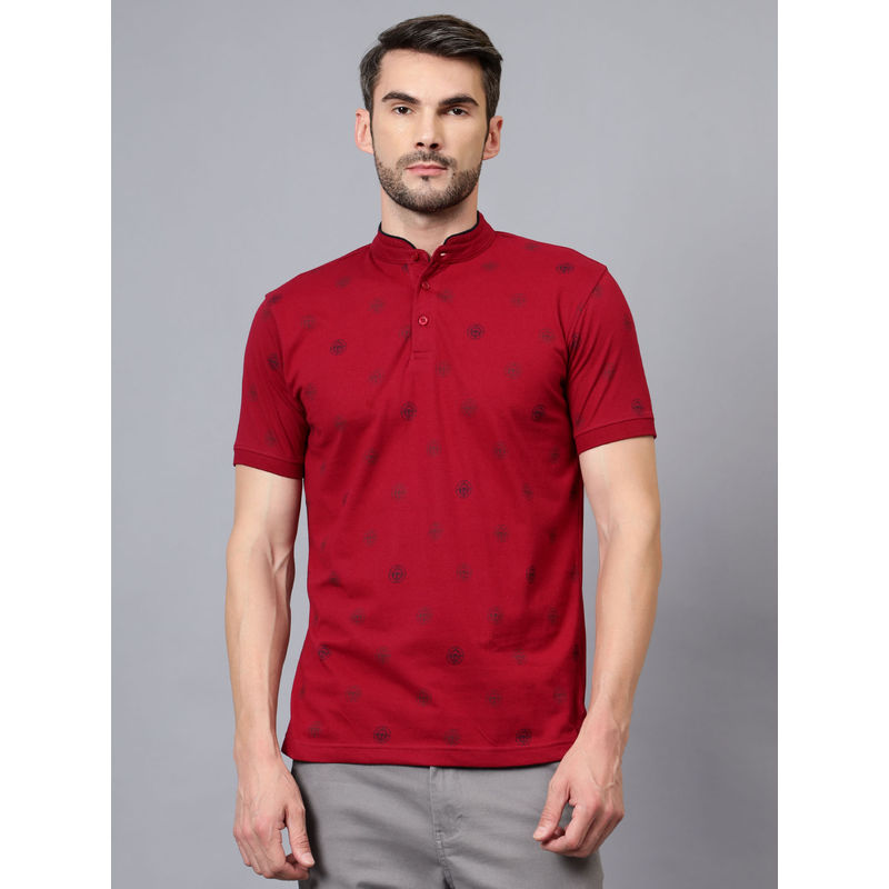 Cantabil Men Maroon Printed High Neck Half Sleeve Polo T-Shirt (M)