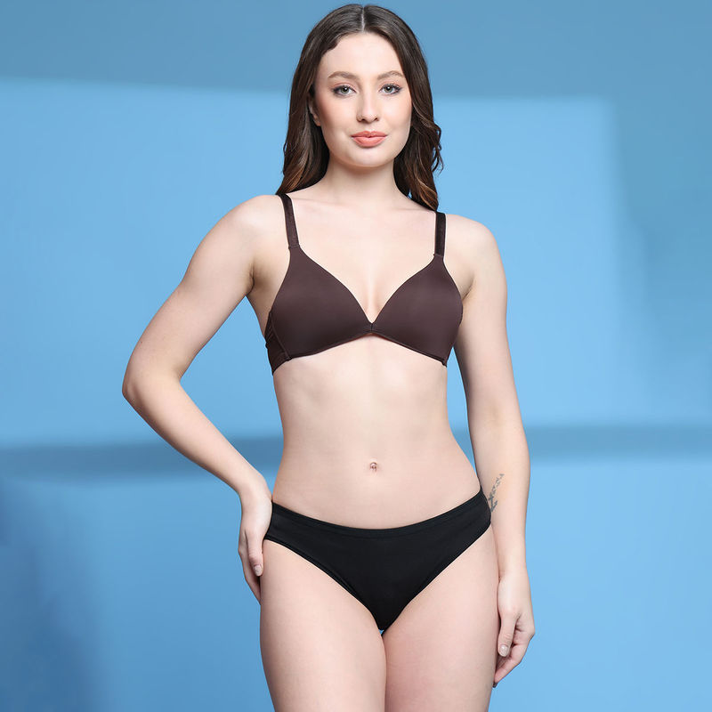 PrettyCat Lightly Padded Non Wired Sexy Plunge Bra With Panty Brown (Set of 2) (30C)