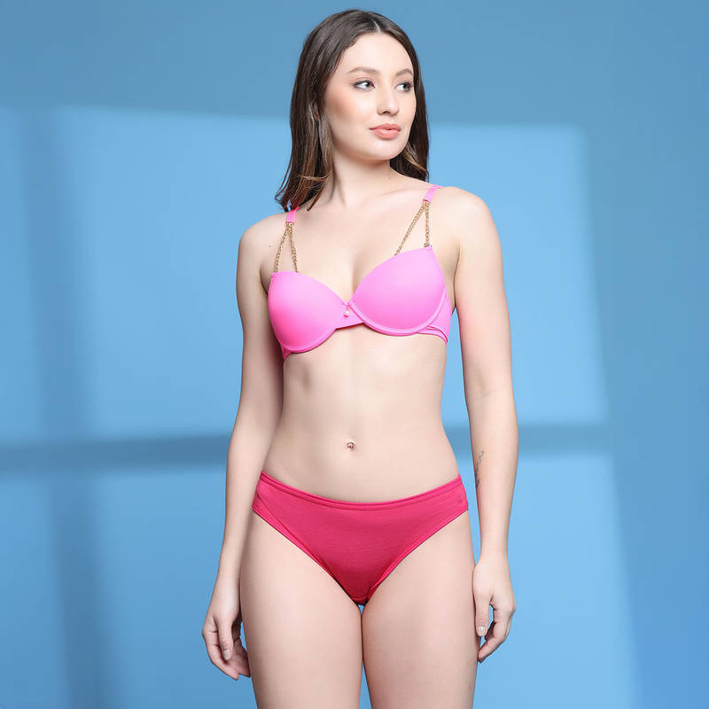 PrettyCat Lightly Padded Underwired Balconette Bra & Panty With Chain Strap Pink (Set of 2) (32B)