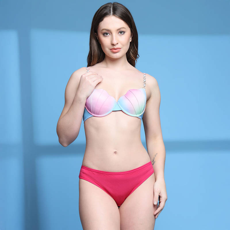 PrettyCat Lightly Padded Underwired Plunge Bra & Panty With Pearls Strap (Set of 2) (32C)