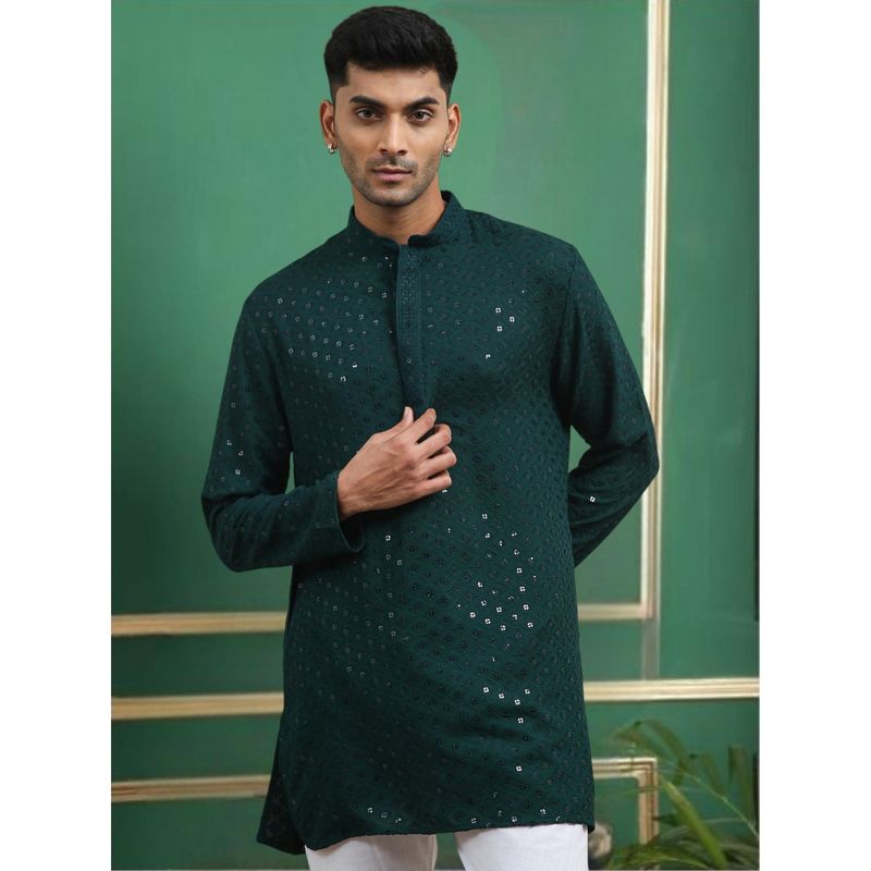 TATTVA Dark Green Toned Chikankari Cotton Short Kurta (40)