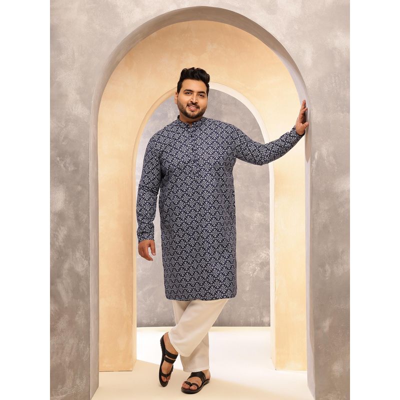 SOJANYA Men Floral Print Cotton Blend Navy Blue Long Kurta (46)