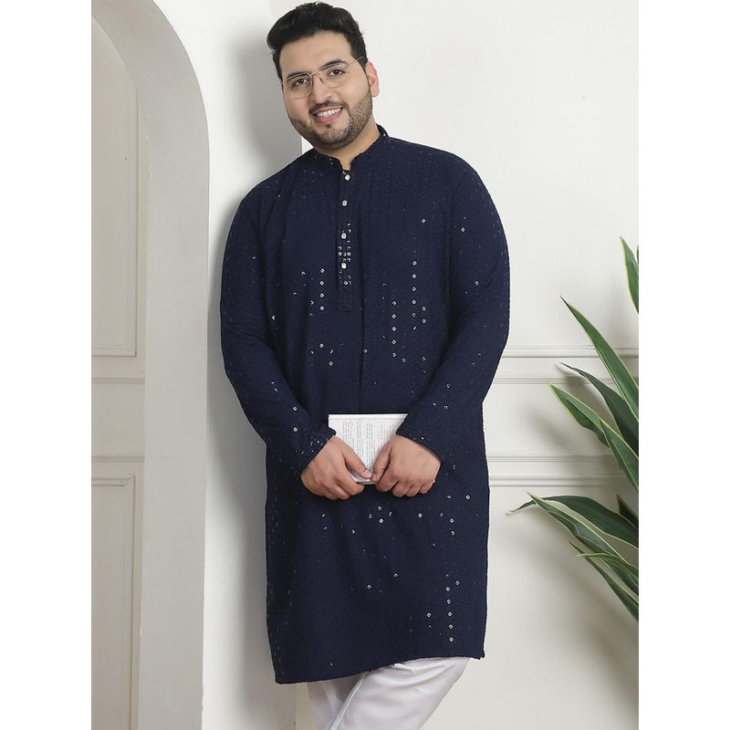 SOJANYA Men Cotton Sequinned Embroidered Navy Blue Long Kurta (46)